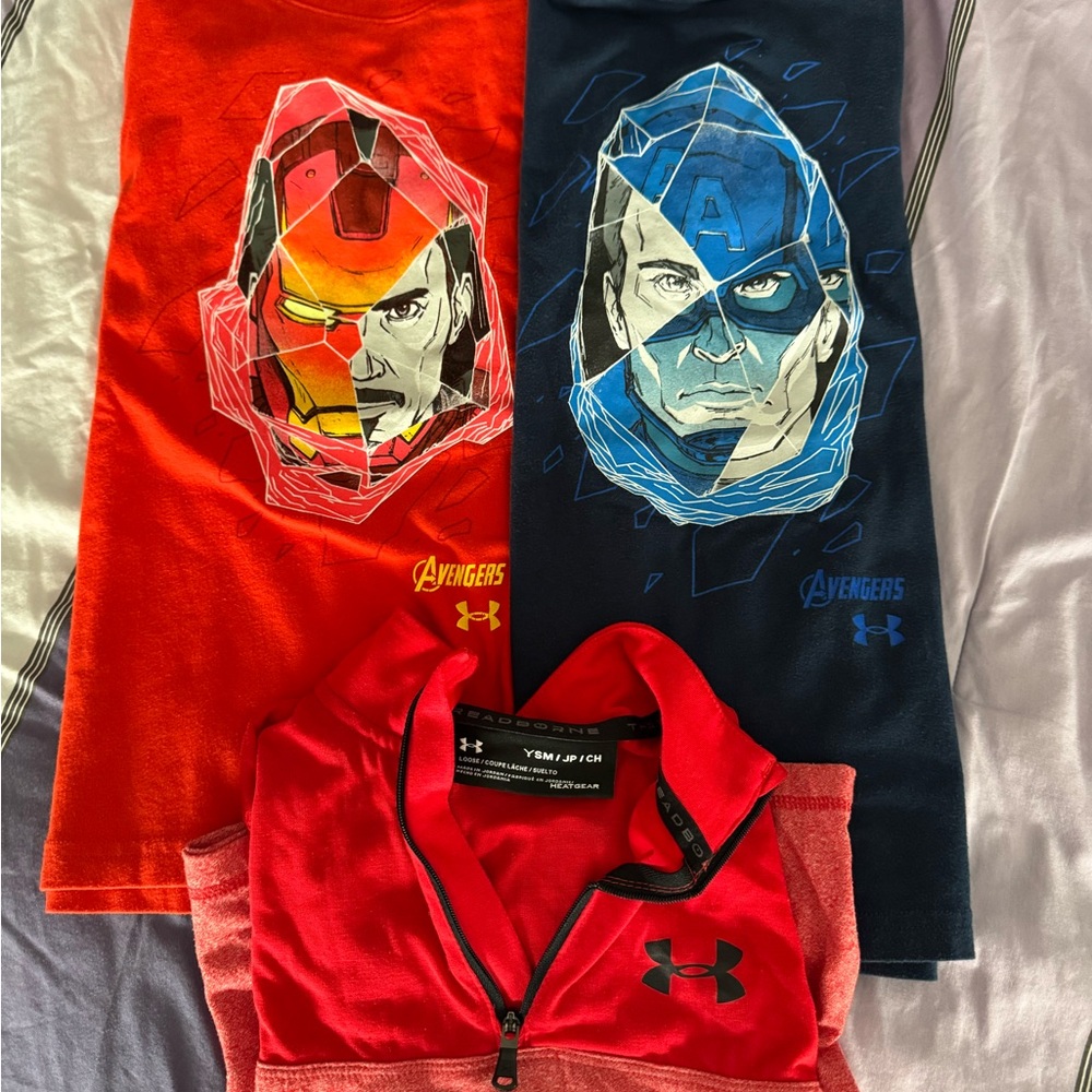Under Armour Avengers T-Shirts (size XS and Small) and 3/4 zip size small